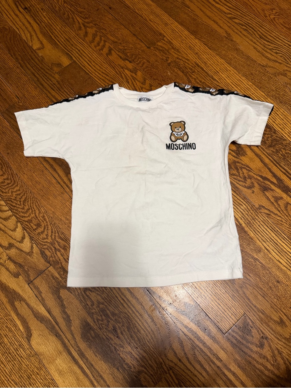 Moschino White Teddy Logo Tee with Branded Shoulder Tape